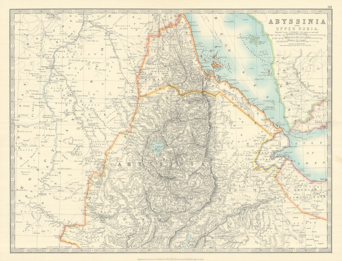 ABYSSINIA & UPPER NUBIA. Ethiopia Erirtrea French Somaliland. JOHNSTON 1913 map: Title: ABYSSINIA & UPPER NUBIA. Ethiopia Erirtrea French Somaliland. JOHNSTON 1913 map Description: Abyssinia and Upper Nubia'. W. & A.K. Johnston, Limited, Edinburgh & London. Published 1913. Antique