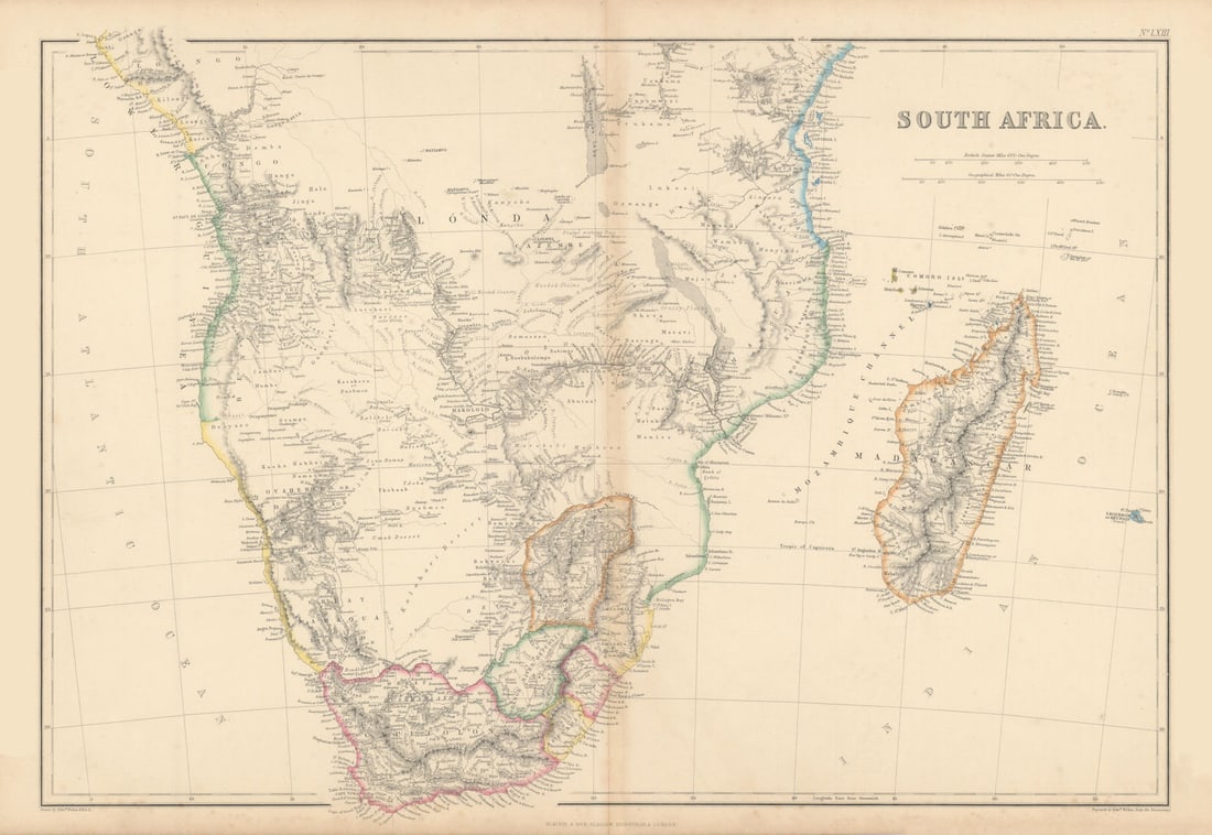 Southern Africa & Madagascar by Edward Weller 1860 old antique map plan chart: Title: Southern Africa & Madagascar by Edward Weller 1860 old antique map plan chart Description: South Africa [And the Island of Madagascar]. This map reflects the limited state of European knowledge