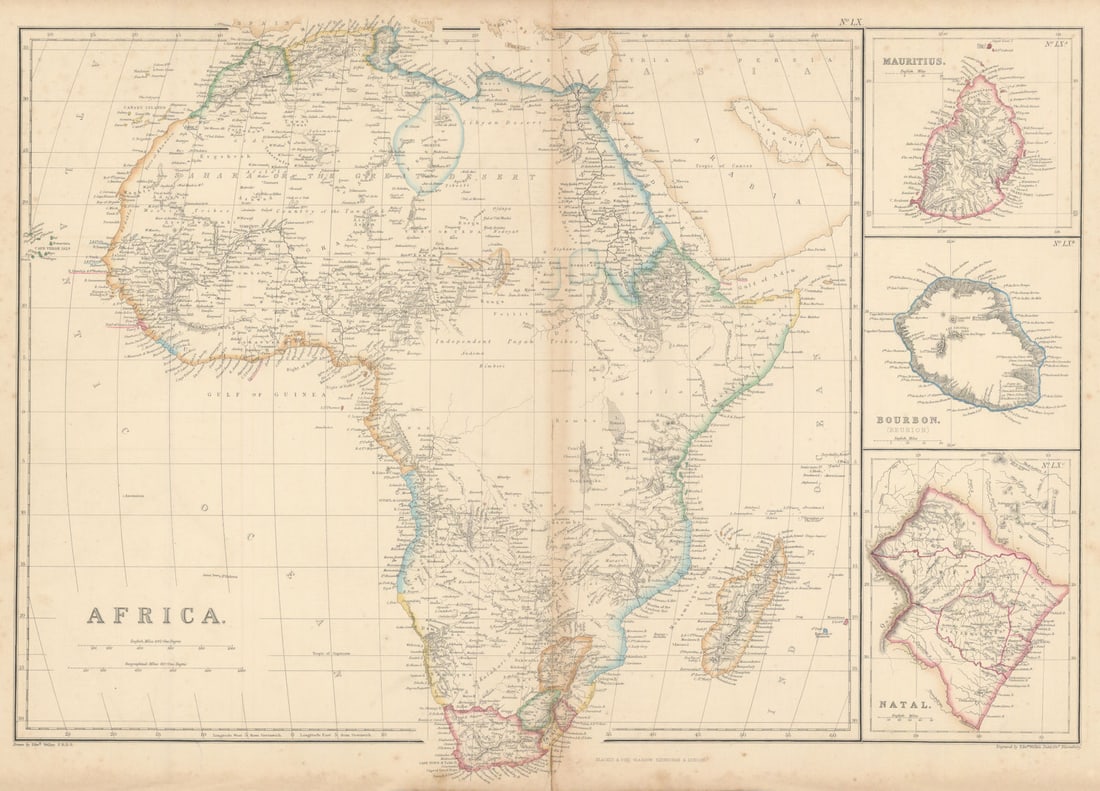 Africa. Mauritius, Bourbon (Reunion) & Natal by Edward Weller 1860 old map (1 of 1)