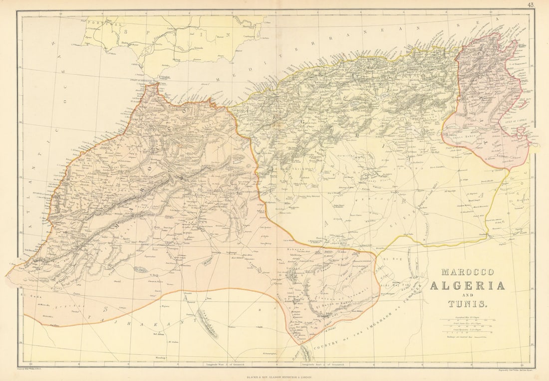 MAGHREB. North Africa. Marocco Algeria and Tunis. BLACKIE 1886 old antique map (1 of 1)