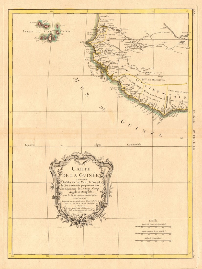 Carte de la Guinée, contenant…'. Guinea & Cape Verde islands. BONNE 1771 map: Title: Carte de la Guinée, contenant…'. Guinea & Cape Verde islands. BONNE 1771 map Description: Carte de la Guinée, contenant les Isles du Cap Verd, le Senegal, la Côte de Guin&#