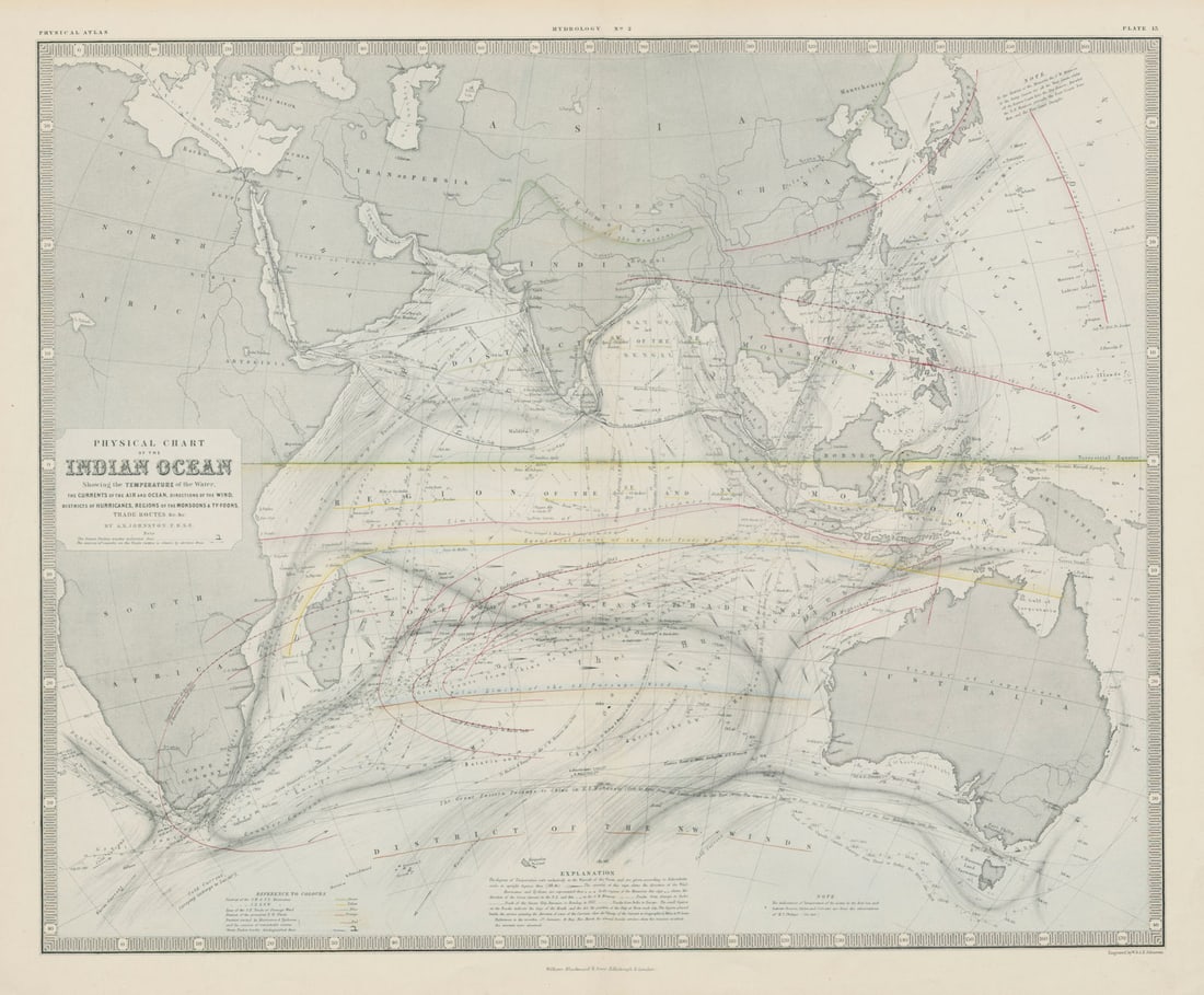 Indian Ocean physical chart. Hurricane Typhoon tracks. Currents 1856 old map (1 of 1)