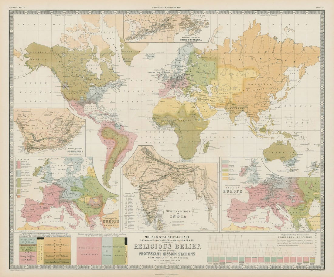 World Religions. Protestant Mission Stations South Africa Canada India 1856 map (1 of 1)