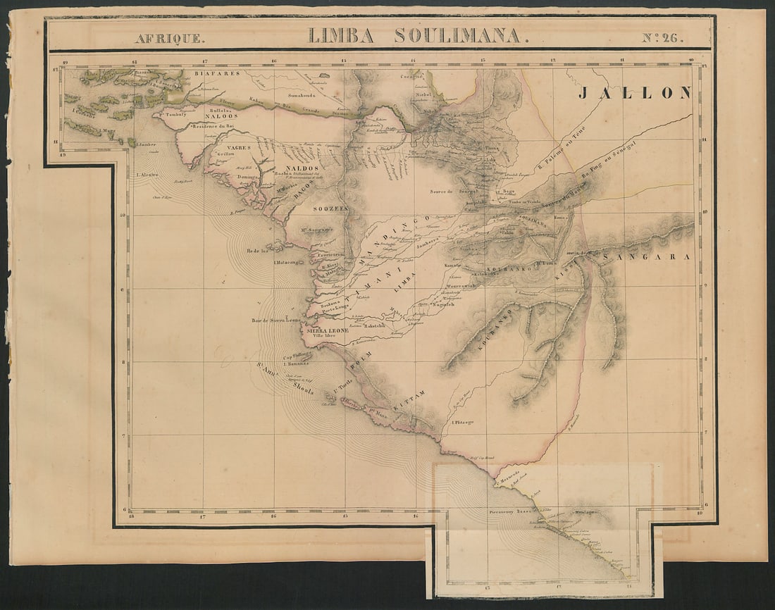 Afrique. Limba Soulimana #26. Guinea Sierra Leone Liberia. VANDERMAELEN 1827 map: Title: Afrique. Limba Soulimana #26. Guinea Sierra Leone Liberia. VANDERMAELEN 1827 map Description: Afrique - Limba Soulimana - No. 26'. Guinea, Guinea-Bissau, Sierra Leone & western Liberia .