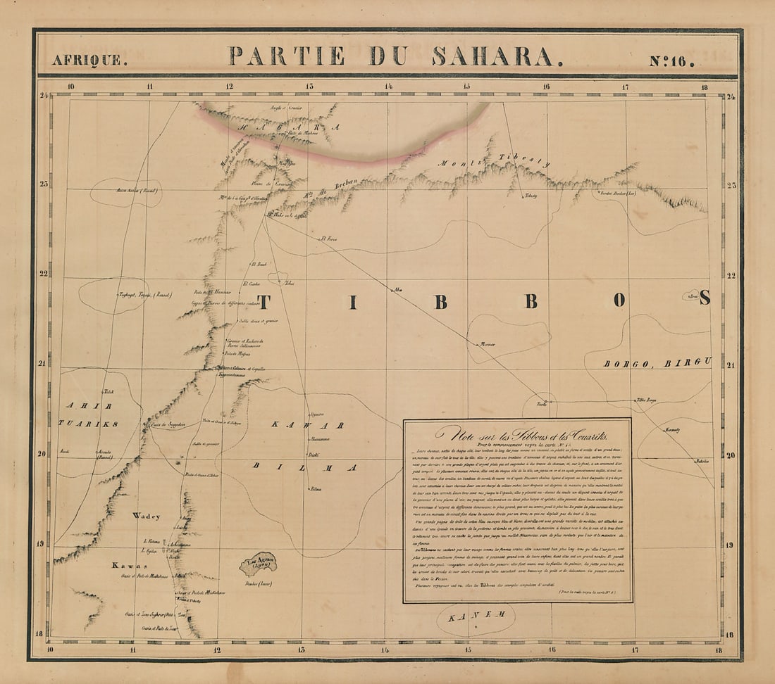 Afrique. Partie du Sahara #16. Niger & Chad Libya. VANDERMAELEN 1827 old map: Title: Afrique. Partie du Sahara #16. Niger & Chad Libya. VANDERMAELEN 1827 old map Description: Afrique - Partie du Sahara [Note Sur les Tibbous et les Touariks] - No. 16. The Sahara Desert in