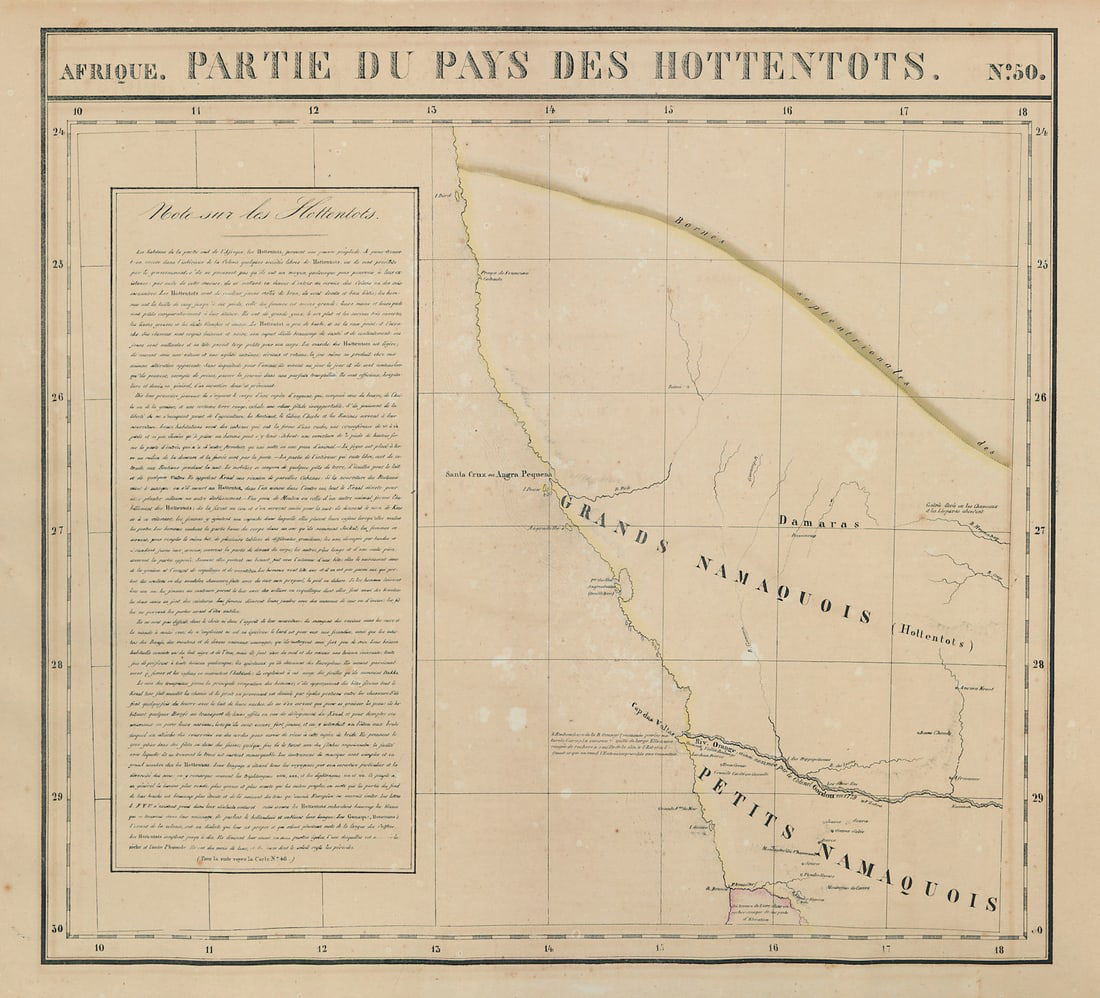 Afrique. Pays des Hottentots #50. Namibia South Africa VANDERMAELEN 1827 map: Title: Afrique. Pays des Hottentots #50. Namibia South Africa VANDERMAELEN 1827 map Description: Afrique - Partie du Pays des Hottentots [Note sur les Hottentots] - No. 50. Southern Namibia and part o