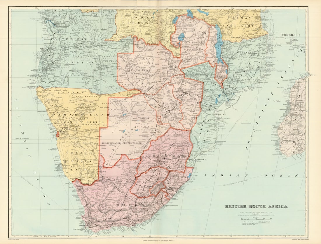British Southern Africa. Rhodesia Bechuanaland Botswana Zambia STANFORD 1904 map: Title: British Southern Africa. Rhodesia Bechuanaland Botswana Zambia STANFORD 1904 map Description: British South Africa'. Stanford's Geographical Establishment. Published 1904. Large (folio) antique