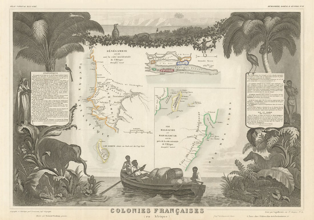 COLONIES FRANÇAISES AFRIQUE. Africa Sénégambie Madagascar. LEVASSEUR 1856 map: Title: COLONIES FRANÇAISES AFRIQUE. Africa Sénégambie Madagascar. LEVASSEUR 1856 map Description: Colonies Françaises (en Afrique)' by Levasseur, Victor. Published 1856. Antique