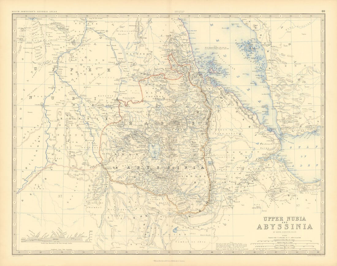 Upper Nubia and Abyssinia. Ethiopia Sudan Eritrea. 50x60cm. JOHNSTON 1876 map: Title: Upper Nubia and Abyssinia. Ethiopia Sudan Eritrea. 50x60cm. JOHNSTON 1876 map Description: Upper Nubia and Abyssinia'. Alexander Keith Johnston. Published 1876. Large, folio antique nineteenth
