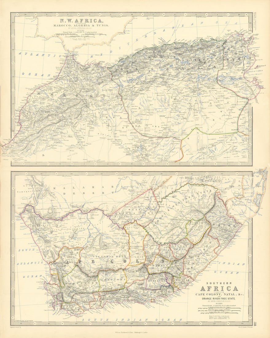 NW Africa Morocco Algeria South Africa Cape Colony 50x60cm JOHNSTON 1876 map: Title: NW Africa Morocco Algeria South Africa Cape Colony 50x60cm JOHNSTON 1876 map Description: N.W. Africa comprising Marocco, Algeria & Tunis / Southern Africa comprising Cape Colony, Natal, &a
