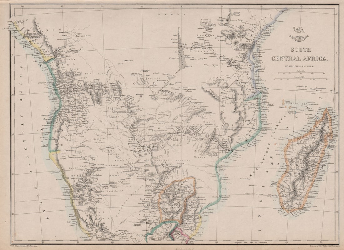 SOUTH CENTRAL AFRICA. Shows Zambesi river as circular! WELLER 1863 old map: Title: SOUTH CENTRAL AFRICA. Shows Zambesi river as circular! WELLER 1863 old map Description: South Central Africa'. The map shows early colonial Africa, with the variable hand coloured outline of