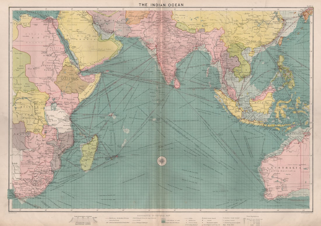 Indian Ocean sea chart. Ports lighthouses mail routes dockyards. LARGE 1918 map (1 of 1)