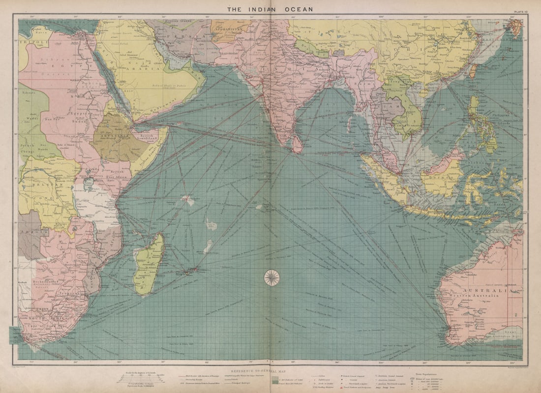 Indian Ocean sea chart. Ports lighthouses mail routes dockyards. LARGE 1916 map (1 of 1)