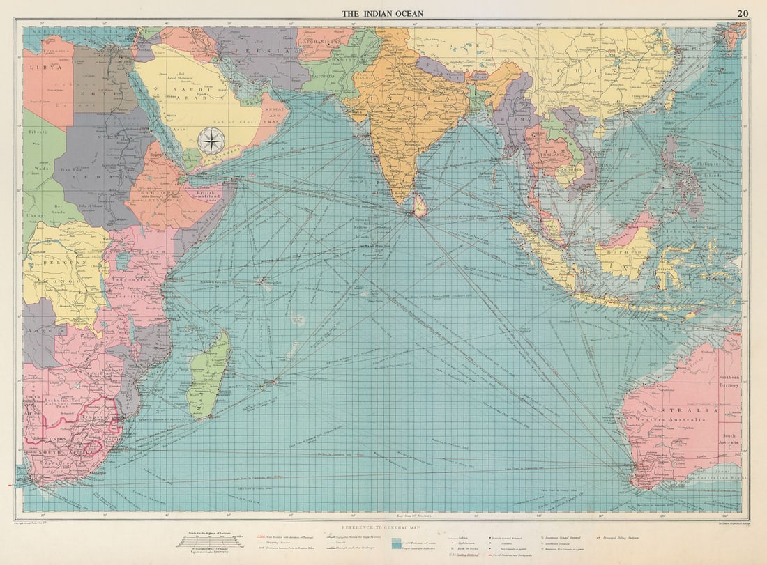 Indian Ocean sea chart. Ports lighthouses mail routes dockyards. LARGE 1959 map (1 of 1)