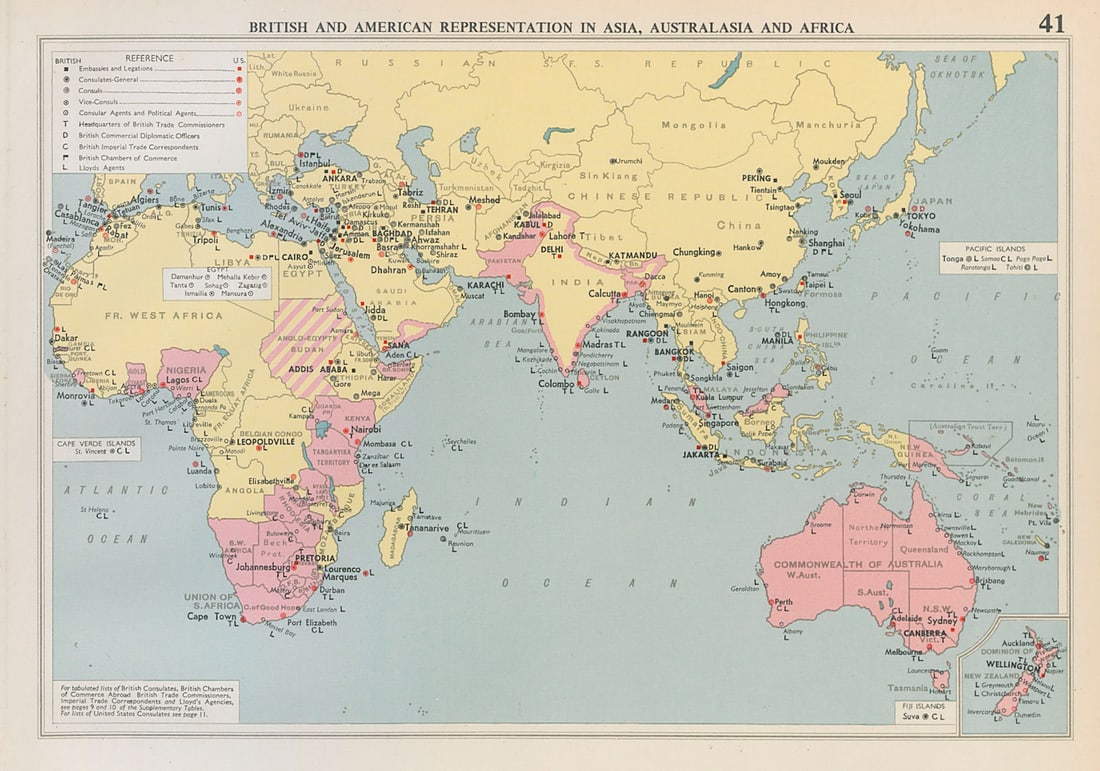 British & American Diplomatic Representation Asia, Australasia & Africa 1952 map (1 of 1)