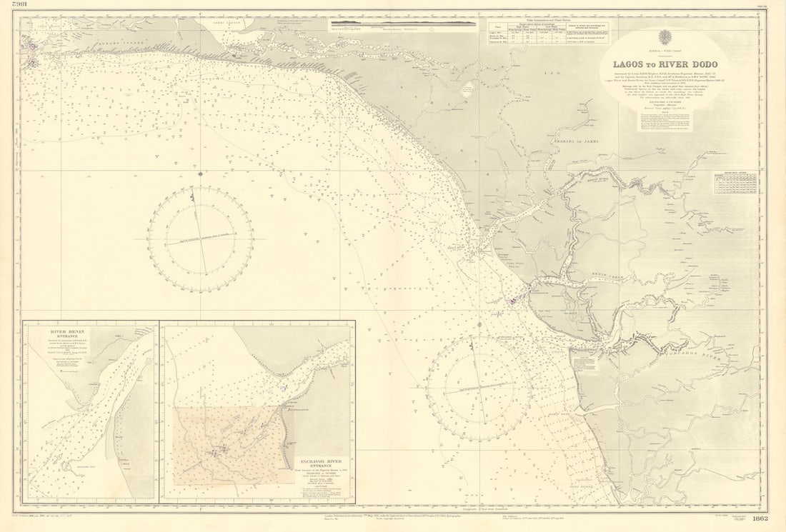 Nigeria W coast Lagos-Dodo Benin Escravos Rivers ADMIRALTY chart 1929 (1957) map: Title: Nigeria W coast Lagos-Dodo Benin Escravos Rivers ADMIRALTY chart 1929 (1957) map Description: Africa - West Coast - Lagos to River Dodo // River Benin - Entrance // Escravos River - Entrance'.