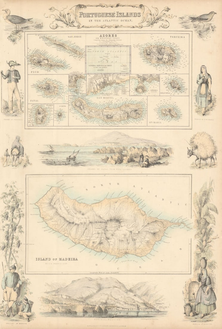 Portuguese Atlantic Islands. Azores & Madeira. FULLARTON c1863 old antique map: Title: Portuguese Atlantic Islands. Azores & Madeira. FULLARTON c1863 old antique map Description: Portuguese Islands in the Atlantic Ocean. Azores or Western Isles. Island of Madeira. Insets San Jorg