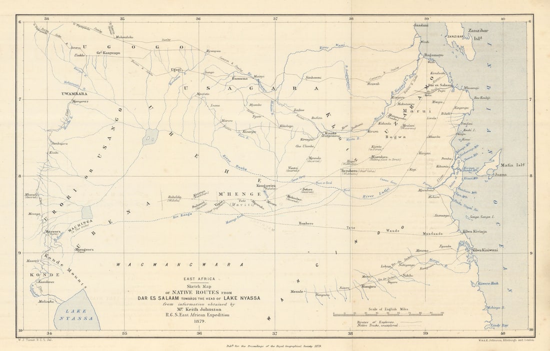 Dar Es Salaam to Lake Nyassa native routes. RGS East African Expedition 1879 map: Title: Dar Es Salaam to Lake Nyassa native routes. RGS East African Expedition 1879 map Description: East Africa. Sketch Map of Native Routes from Dar Es Salaam towards the head of Lake Nyassa from