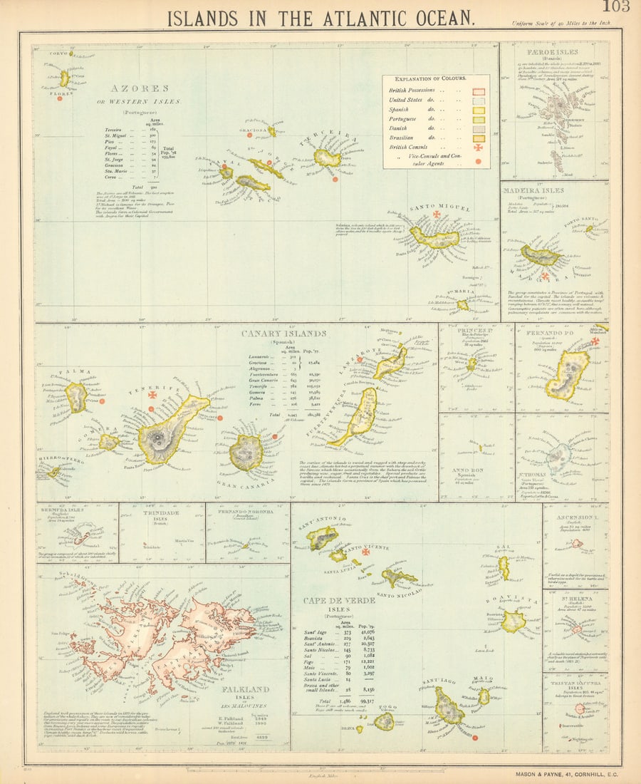ATLANTIC ISLANDS. Azores Madeira Canary Cape Verde Falklands. LETTS 1892 map: Title: ATLANTIC ISLANDS. Azores Madeira Canary Cape Verde Falklands. LETTS 1892 map Description: Islands in the Atlantic Ocean; Inset map of Paeroeisles (Danish); Canary Islands (Spanish); Fernando