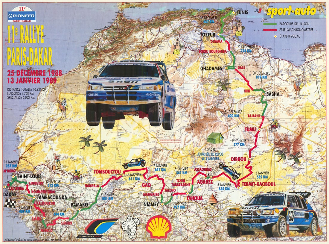 11e Rallye Paris-Dakar Sport-auto Motorsport rally poster route map 41x56cm 1988: Title: 11e Rallye Paris-Dakar Sport-auto Motorsport rally poster route map 41x56cm 1988 Description: 11e Rallye Paris-Dakar - Sport auto'. Sport auto. Based on Michelin map 953. Published 1988. Vintag