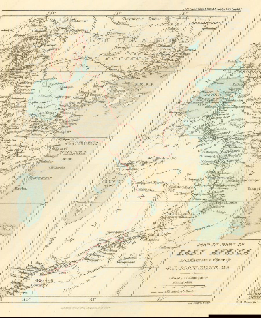 Part of East Africa. Scott Elliott. Uganda Rwanda Tanzania Burundi. RGS 1895 map: Title: Part of East Africa. Scott Elliott. Uganda Rwanda Tanzania Burundi. RGS 1895 map Description: Map of Part of East Africa to illustrate a paper by G F Scott Elliott MA'. Royal Geographical Socie
