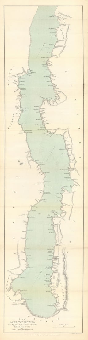 Lake Tanganyika. Ujiji & south by V Lovett Cameron. Tanzania Congo. RGS 1875 map: Title: Lake Tanganyika. Ujiji & south by V Lovett Cameron. Tanzania Congo. RGS 1875 map Description: Map of Lake Tanganyika from Ujiji to its Southern extremity' . A narrow longitudinal map of Lake