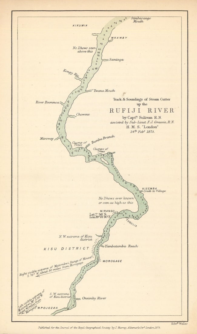 Track and soundings of the River Rufiji by Capt Sulivan. Tanzania. RGS 1875 map (1 of 1)
