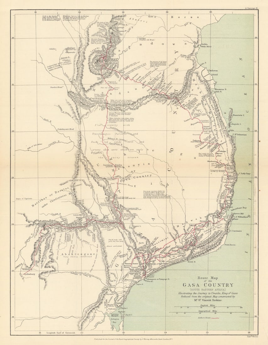 Gasa/Gaza Country route to Umzila. Mozambique. St Vincent Erksine/RGS 1875 map: Title: Gasa/Gaza Country route to Umzila. Mozambique. St Vincent Erksine/RGS 1875 map Description: Route map of the Gasa Country (South Eastern Africa) illustrating the Journey to Umzila, King of Gasa