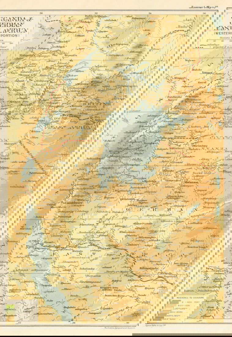 Uganda & German East Africa. Uganda Tanzania African Lakes SAMLER BROWN 1914 map: Title: Uganda & German East Africa. Uganda Tanzania African Lakes SAMLER BROWN 1914 map Description: Sectional Map 10 – Uganda and German East Africa (Western portion)' by Brown, Alfred Samler.