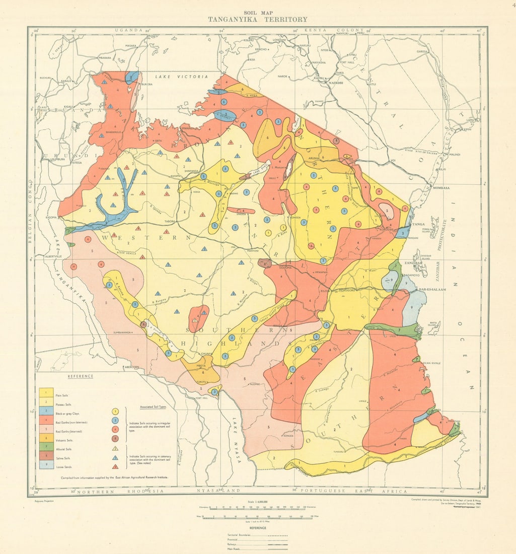 Tanganyika Territory Soil Map. Tanzania. Department of Lands & Mines 1948: Title: Tanganyika Territory Soil Map. Tanzania. Department of Lands & Mines 1948 Description: Tanganyika Territory - Soil Map'. Compiled and printed by the Survey Division, Department of Lands & Mines