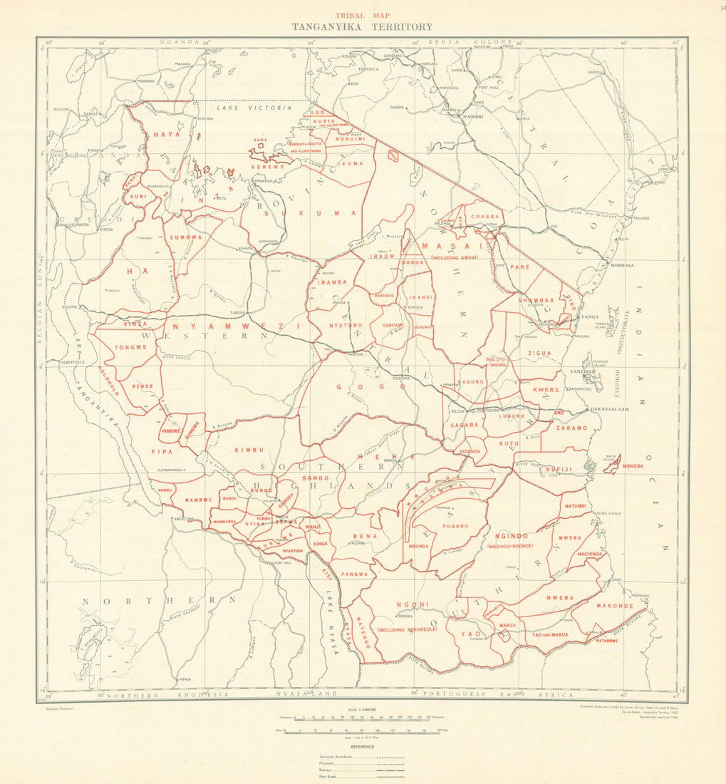 Tanganyika Territory Tribal Map. Tanzania. Department of Lands & Mines 1948: Title: Tanganyika Territory Tribal Map. Tanzania. Department of Lands & Mines 1948 Description: Tanganyika Territory - Tribal Map'. Compiled and printed by the Survey Division, Department of Lands & M