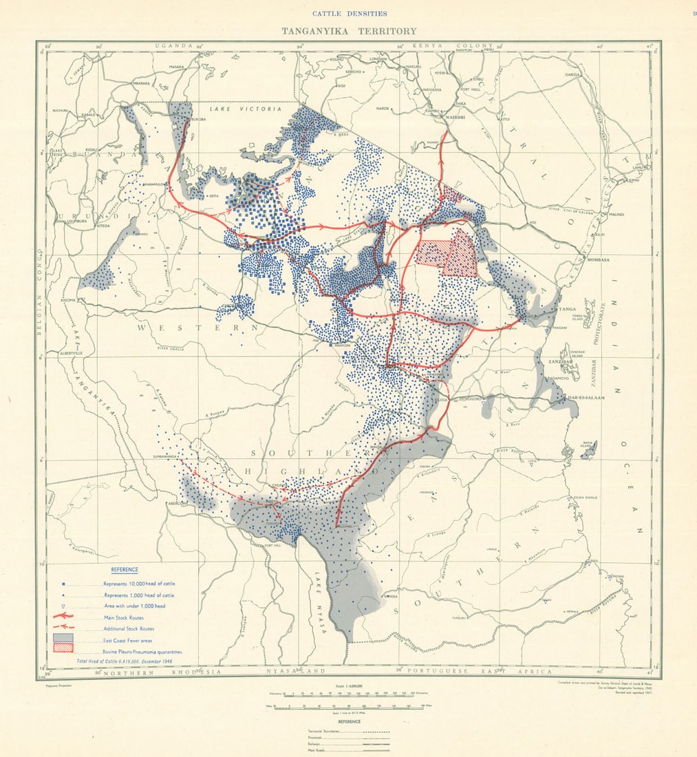 Tanganyika Territory Cattle Densities. Tanzania. Dept of Lands & Mines 1948 map: Title: Tanganyika Territory Cattle Densities. Tanzania. Dept of Lands & Mines 1948 map Description: Tanganyika Territory - Cattle Densities'. Compiled and printed by the Survey Division, Department of