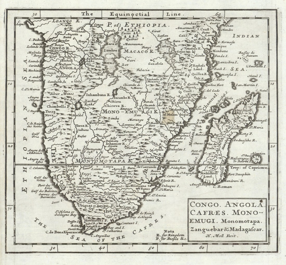 Congo Angola Cafres Monoemugi Zanguebar Madagascar Southern Africa MOLL 1701 map: Title: Congo Angola Cafres Monoemugi Zanguebar Madagascar Southern Africa MOLL 1701 map Description: Congo. Angola. Cafres. Monoemugi. Monomotapa. Zanguebar & Madagascar' by Moll, Herman. Publishe