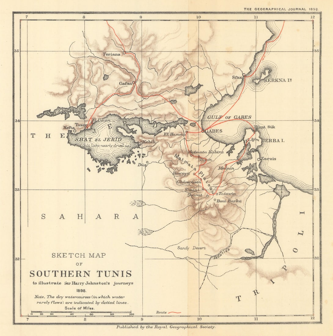 Southern Tunisia illustrating Sir Harry Johnston’s journeys. RGS 1898 old map: Title: Southern Tunisia illustrating Sir Harry Johnston’s journeys. RGS 1898 old map Description: Sketch Map of Southern Tunis (to illustrate Sir Harry Johnston’s journeys, 1898)'. Royal