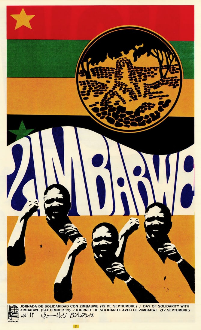 Day of Solidarity with Zimbabwe 12 Sept. OSPAAAL Cuban propaganda poster 1968: Title: Day of Solidarity with Zimbabwe 12 Sept. OSPAAAL Cuban propaganda poster 1968 Description: Jornada de Solidaridad con Zimbabwe—Day of Solidarity with Zimbabwe—September 12'. Unsigne