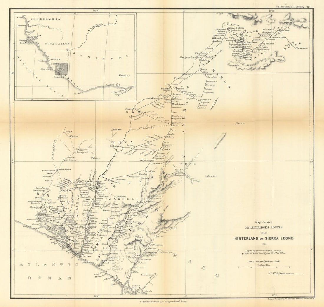 Thomas Alldridge's Routes in the Sierra Leone hinterland in 1891. RGS 1894 map: Title: Thomas Alldridge's Routes in the Sierra Leone hinterland in 1891. RGS 1894 map Description: Map showing Mr. Alldridge's Routes in the Hinterland of Sierra Leone 1891'. Royal Geographical Societ
