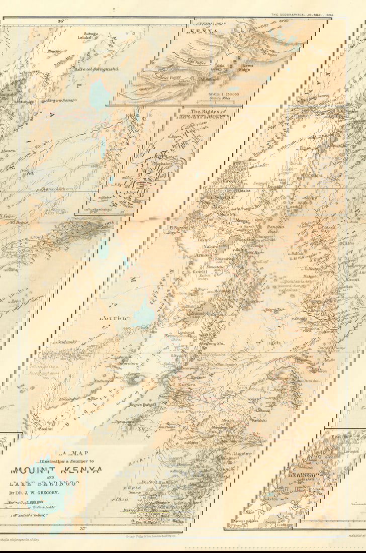 A journey to Mount Kenya & Lake Baringo by John Walter Gregory. RGS 1894 map (1 of 1)