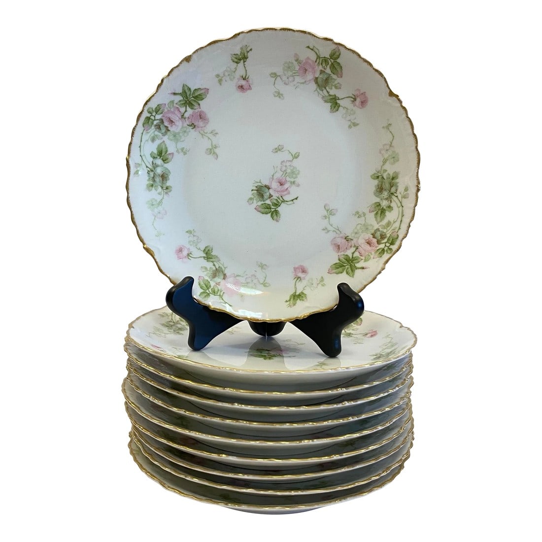 Antique 1920s Elite Works Limoges Scalloped Salad Plates – Set of 10, Pink Floral & Gilt: The Skinny A full set of 10 antique Limoges salad plates from the 1920s by Elite Works, France. Scalloped rims, hand-painted pink florals, and soft gilt edging make these pure romantic French table