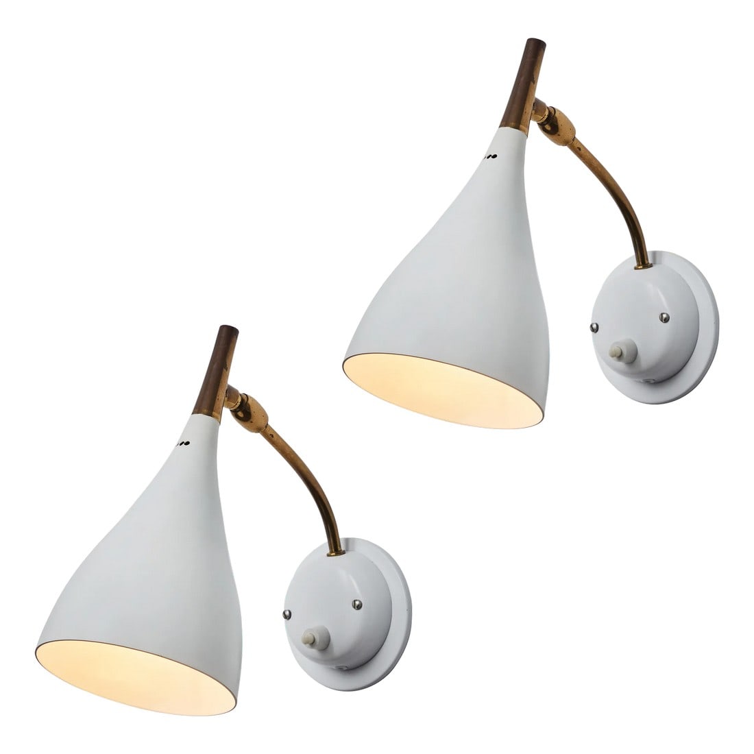 1960s Cosack Leuchten Brass & White Metal Wall Lights - a Pair: Pair of 1960s Cosack Leuchten Brass & White Metal Wall Lights. Executed in white painted metal shade and backplate with attractively patinated brass arm. A very architectural and refined wall lamp