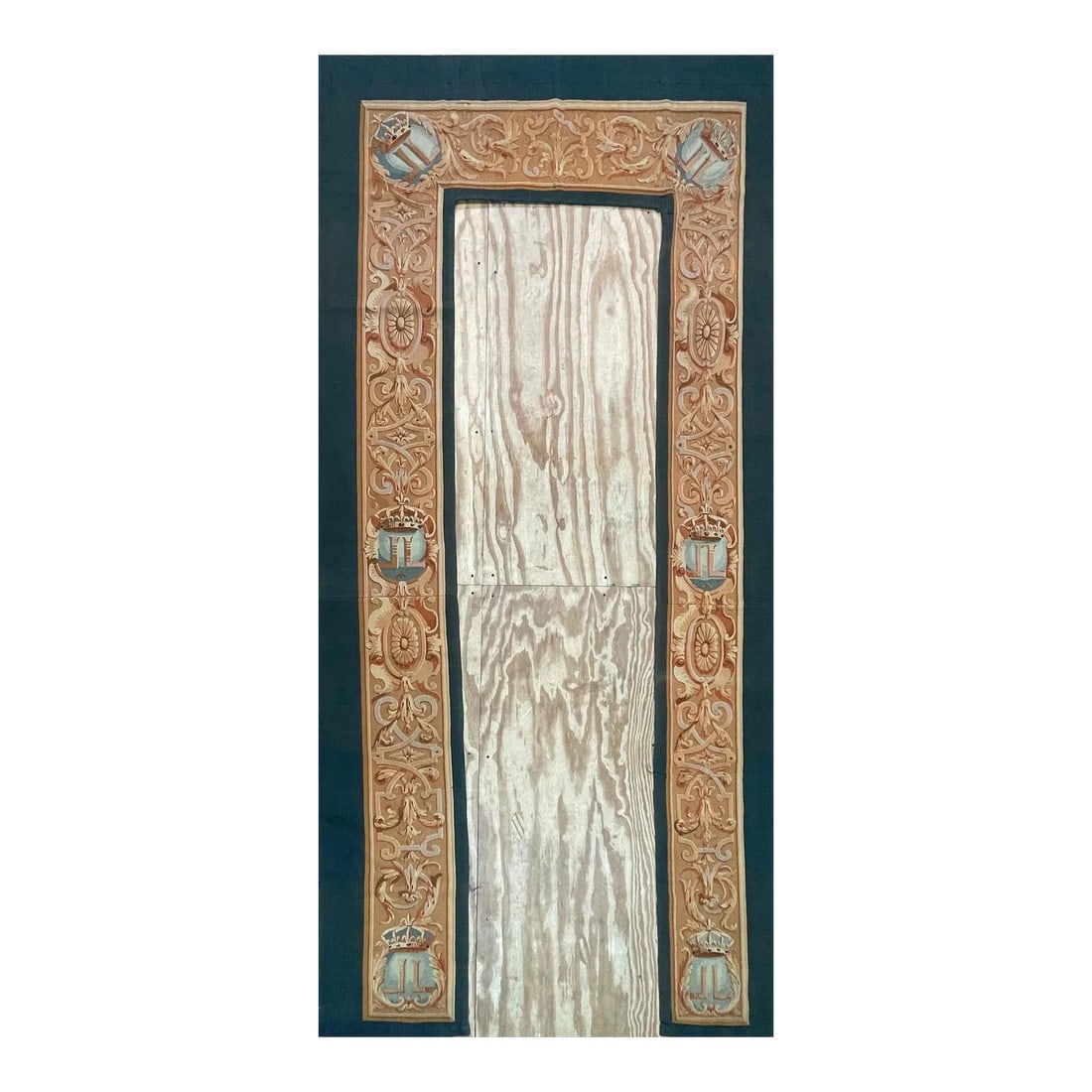 Antique Aubusson Door-Window Panel: Size: top panel 21" high by 5'8" wide, side panel is 19" wide and total length to the end of upper panel is 11'7" French Aubusson door-window panel. Tapestry manufacture at Aubusson and in the