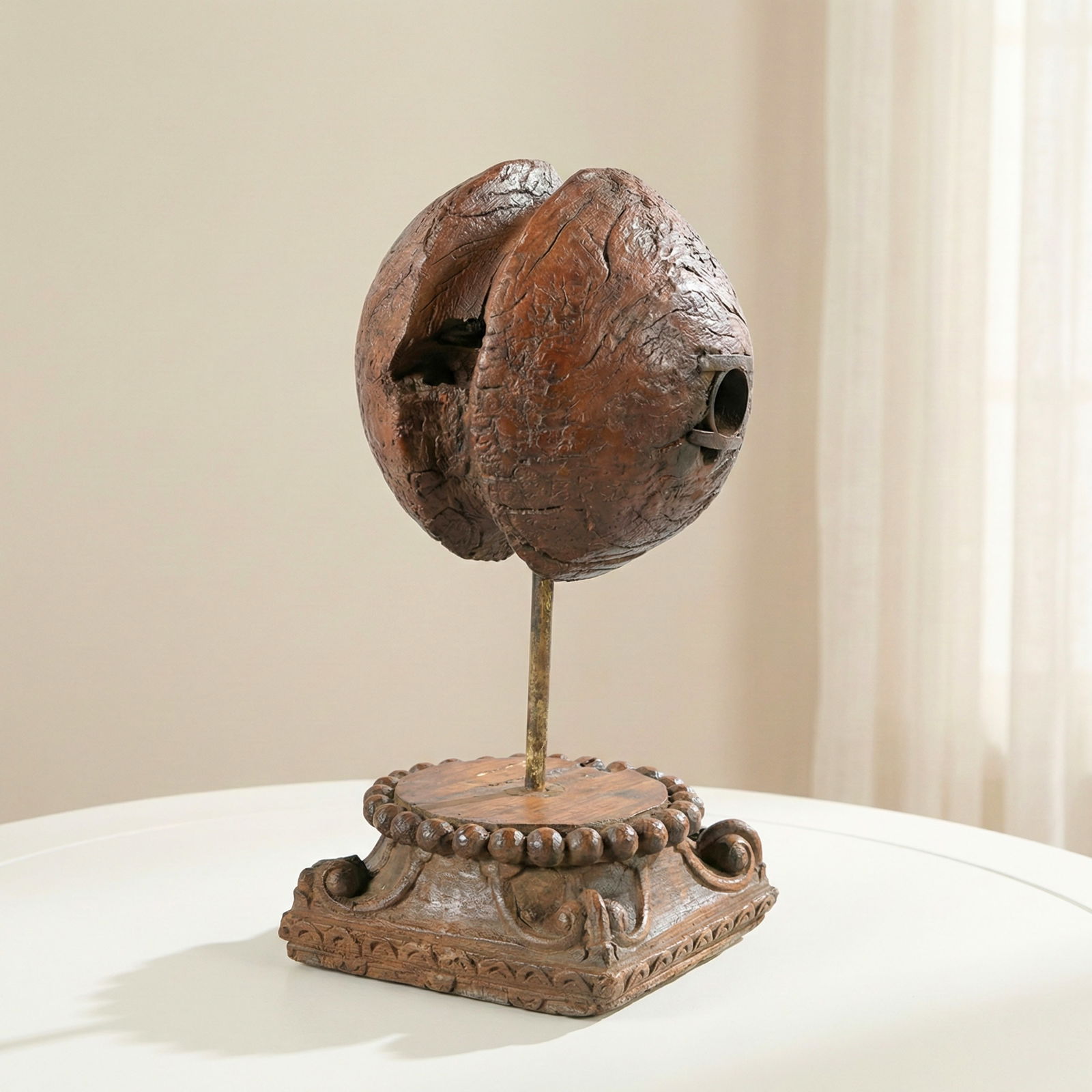 Ranch Style Antique Wooden Pulley Mounted on Column Base Table Decor - 2