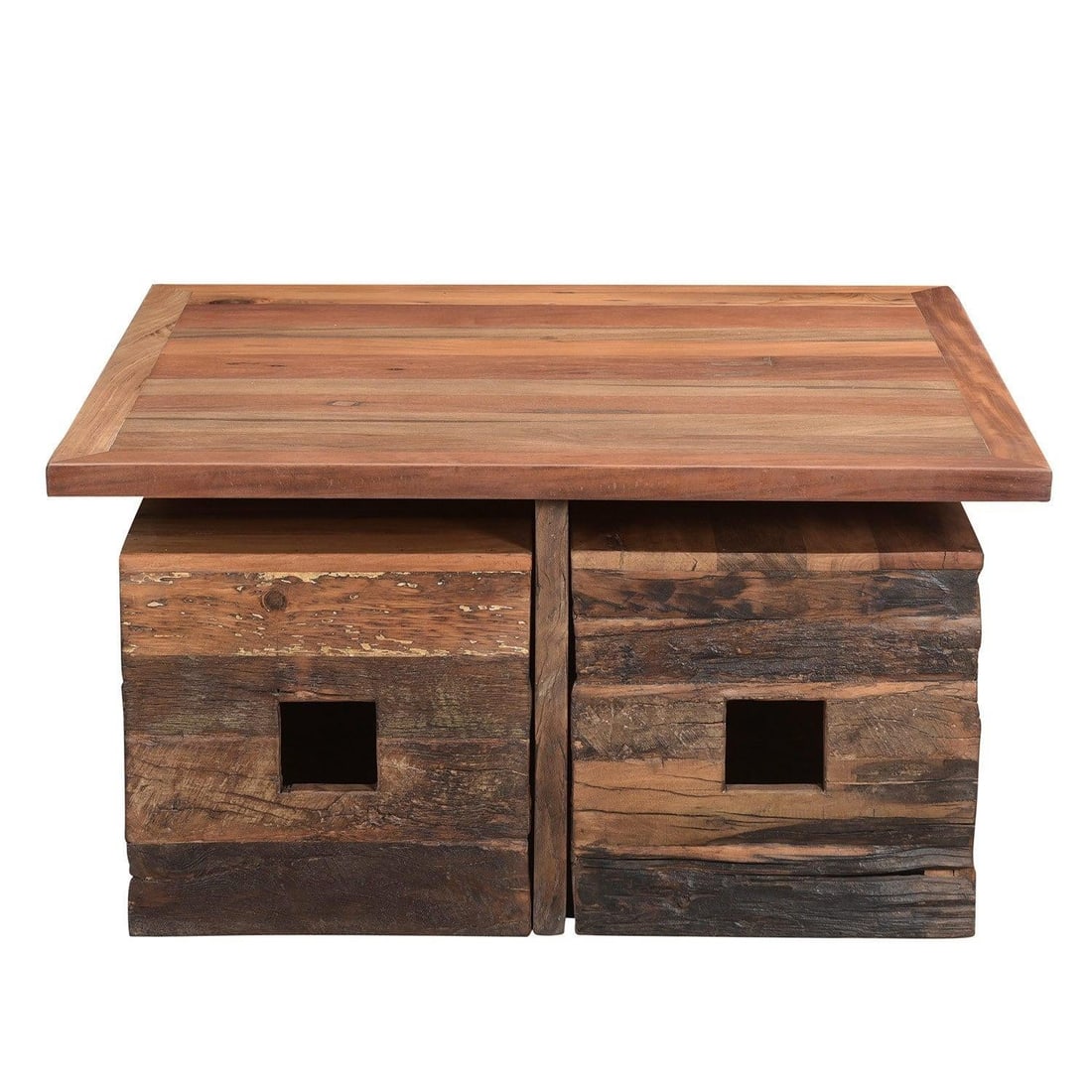 1990s Solid Wood Square Coffee Table With Pull Out Seating Stools - 3