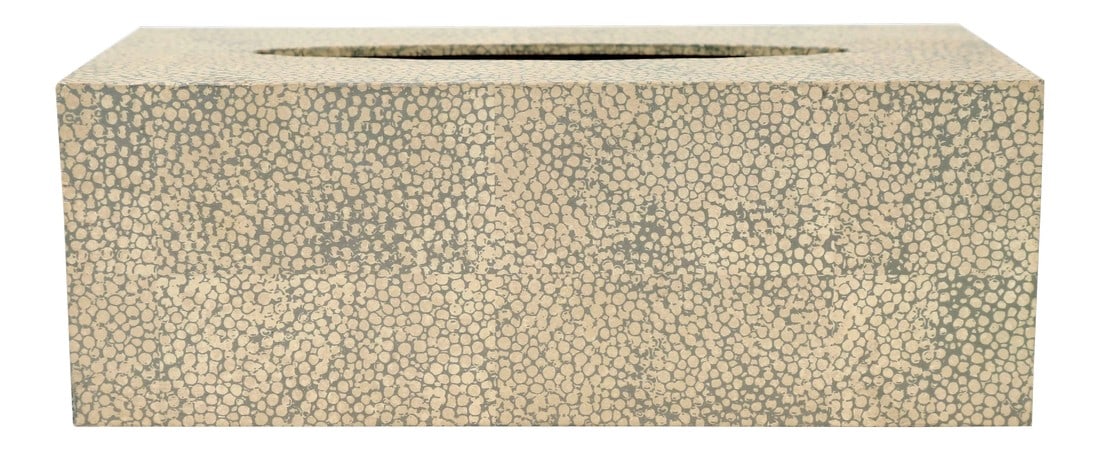 1990s Contemporary Faux Sharkskin Long Rectangular Tissue Box Cover: This tissue box cover is for long rectangular tissue boxes. It is covered with faux sharkskin wall paper. A unique solution to all those commercial tissue box designs! Condition: Imperfections: