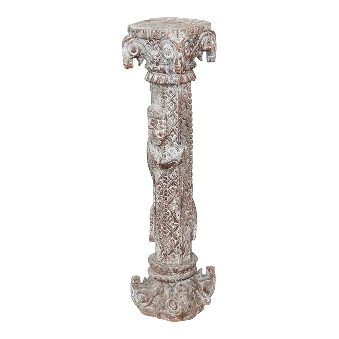 Vintage Carved Distressed White Rustic Reclaimed Farmhouse Style Solid Wood Column Display Pedestal: Dimensions: 9" W x 9" D x 34" H Features: "• A rare piece and one of its kind exists "• Vintage pedestal "• 100% solid wood construction "• Hand carved by skilled artisans "