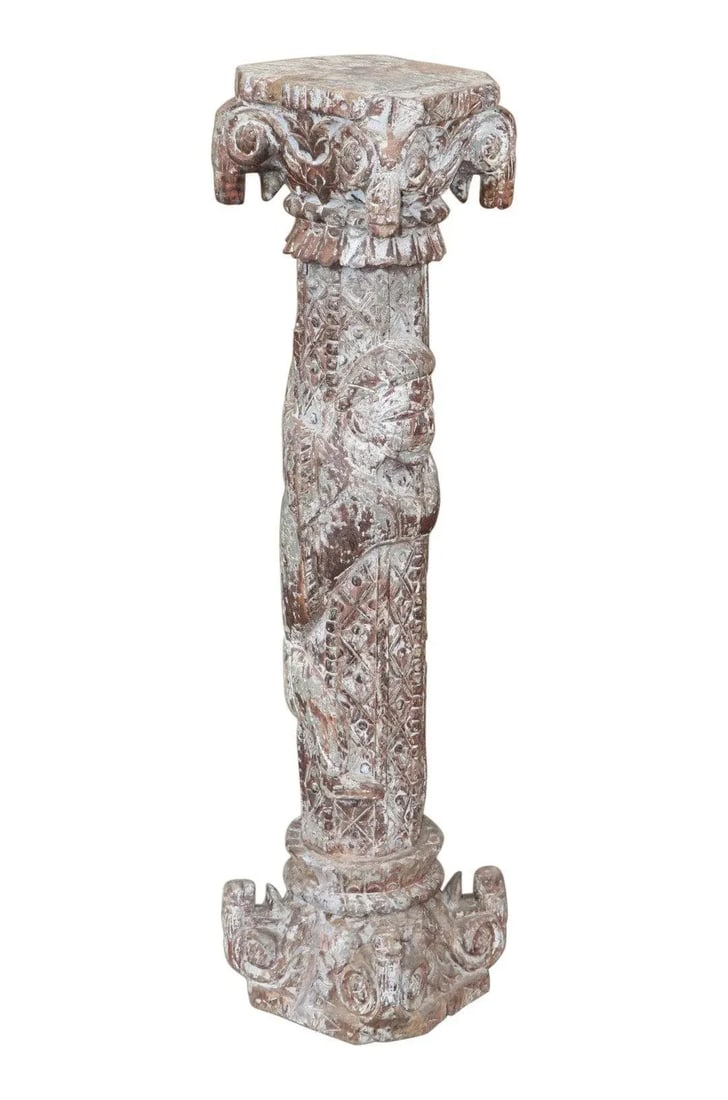 Vintage Carved Distressed White Rustic Reclaimed Farmhouse Style Solid Wood Column Display Pedestal - 3