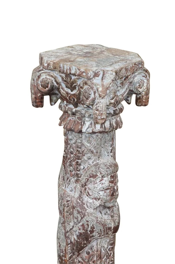 Vintage Carved Distressed White Rustic Reclaimed Farmhouse Style Solid Wood Column Display Pedestal - 4