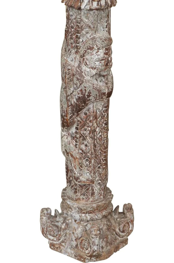 Vintage Carved Distressed White Rustic Reclaimed Farmhouse Style Solid Wood Column Display Pedestal - 5