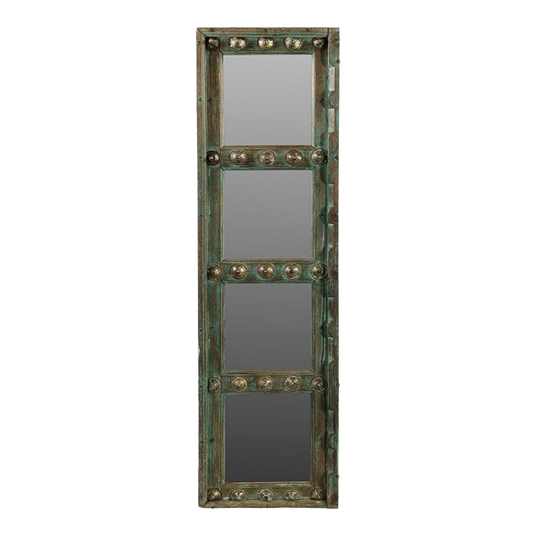 1930s Antique Door Panel With Brass Pins Accents and Mirror Wall Hanging: Dimensions: 19" W x 3" D x 65" H Add timeless character to your home with this Distressed Blue Green Wall Mirror, beautifully handcrafted from an antique teak wood door sourced from India. Rich with