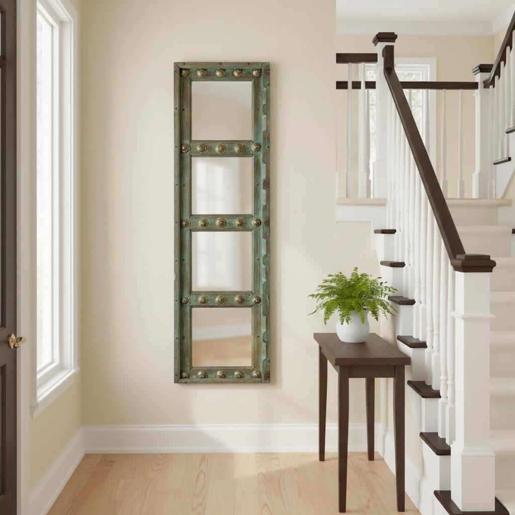 1930s Antique Door Panel With Brass Pins Accents and Mirror Wall Hanging - 2