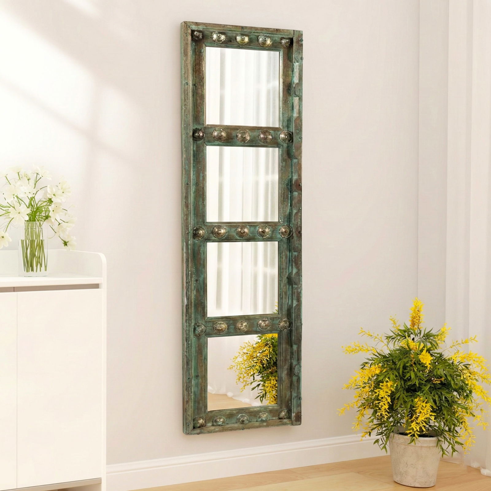 1930s Antique Door Panel With Brass Pins Accents and Mirror Wall Hanging - 5